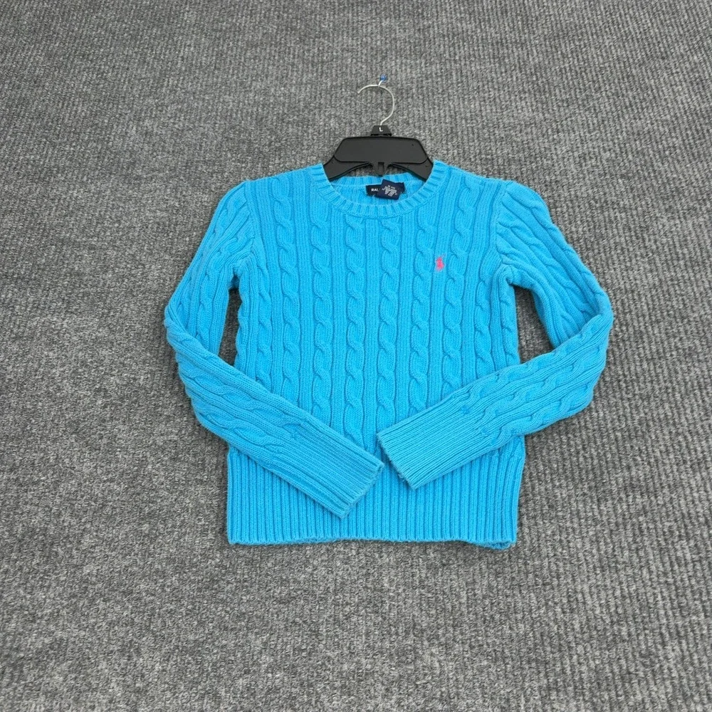 Ralph Lauren Sweater Girls M Blue 100% Cotton Cable Knit Crewneck Preppy Classic